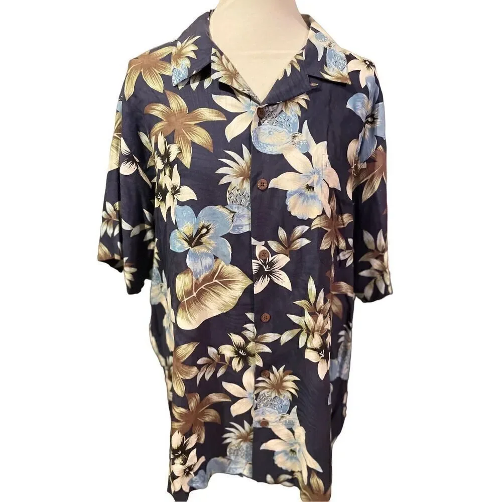 Tasso Elba Men's Button Down Shirt Collared Floral 100% Silk Navy Blue XL